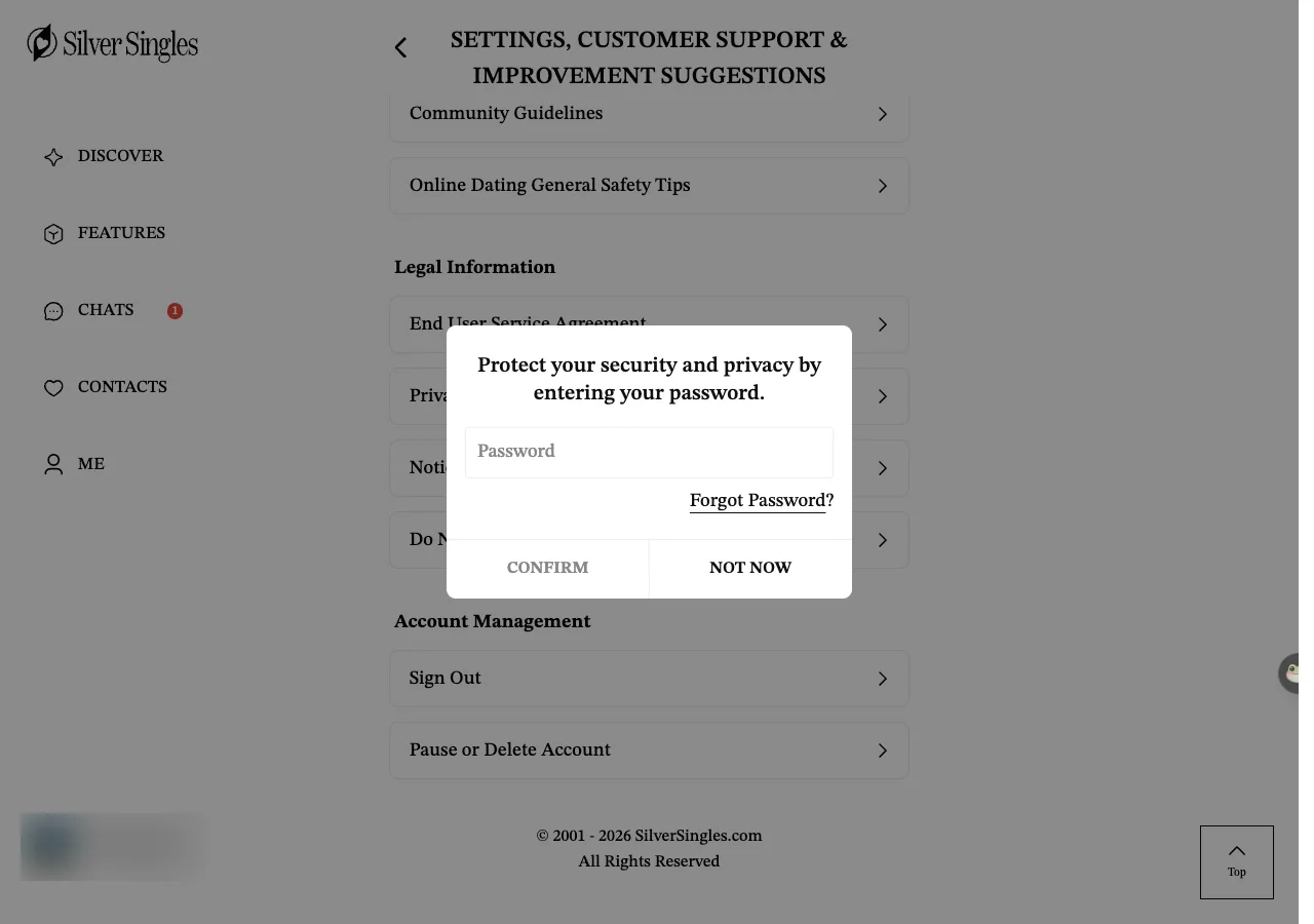 The Settings page on the SilverSingles web version, with an Account Management section showing Sign Out and Pause or Delete Account. Over it is a box that reads Protect your security and privacy by entering your password, with a Password field, a Forgot Password link, and CONFIRM and NOT NOW buttons.