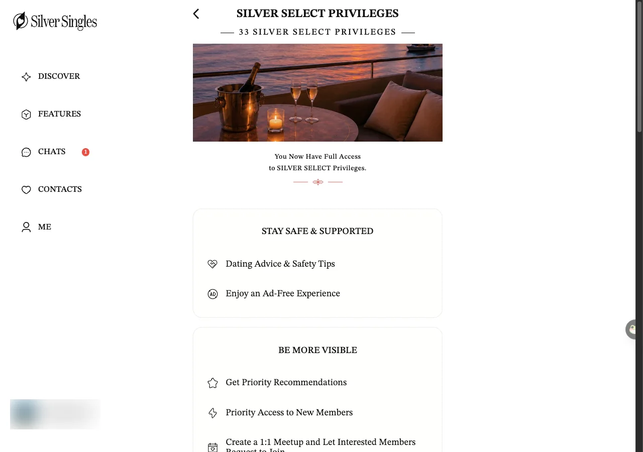 The Silver Select privileges page on the SilverSingles member site, headed "33 SILVER SELECT PRIVILEGES". It lists groups such as Stay Safe and Supported and Be More Visible, each with its features.