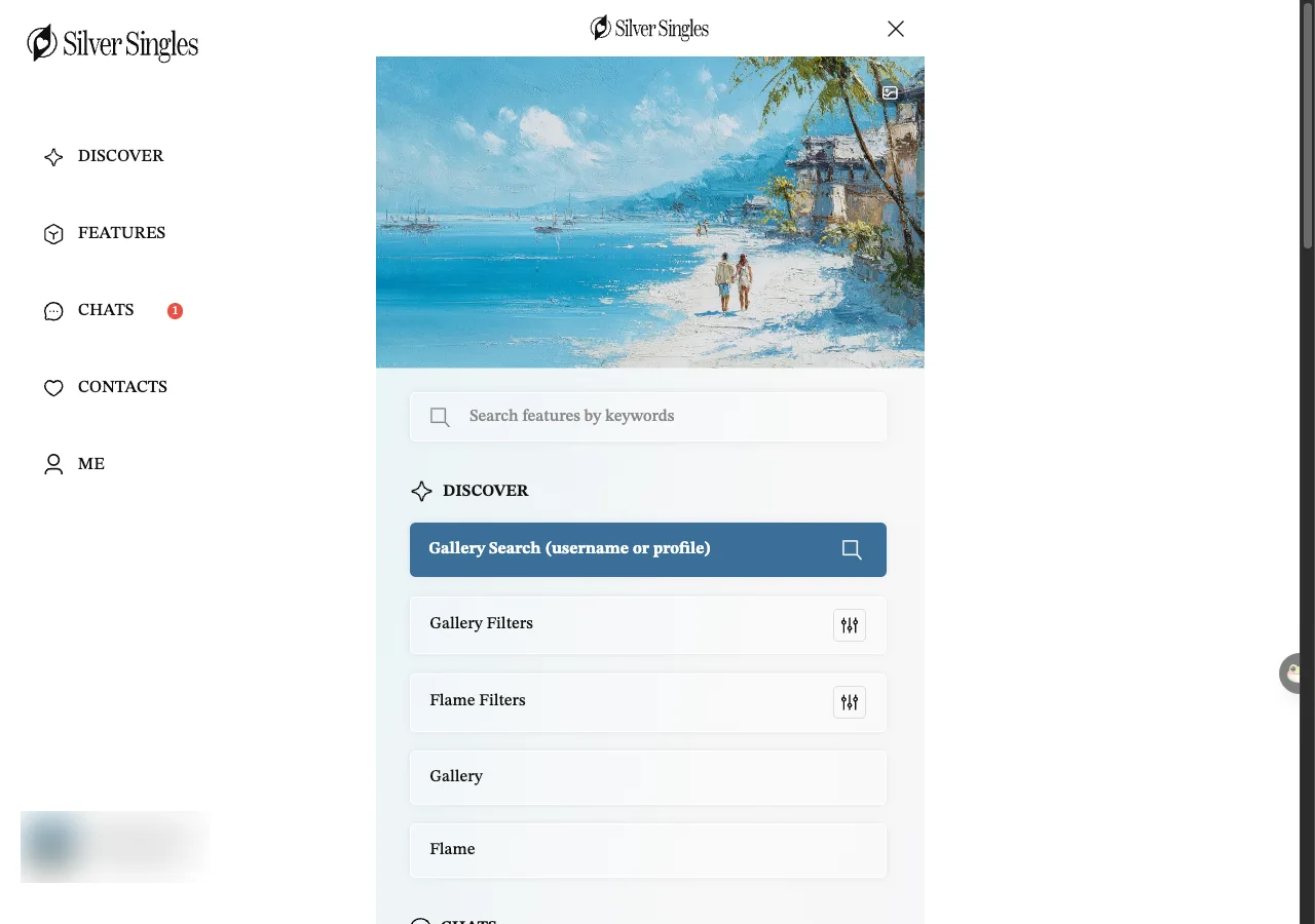 The features drawer on the SilverSingles web version. A search box reads Search features by keywords. Under the heading Discover are five rows: Gallery Search (username or profile), Gallery Filters, Flame Filters, Gallery and Flame.