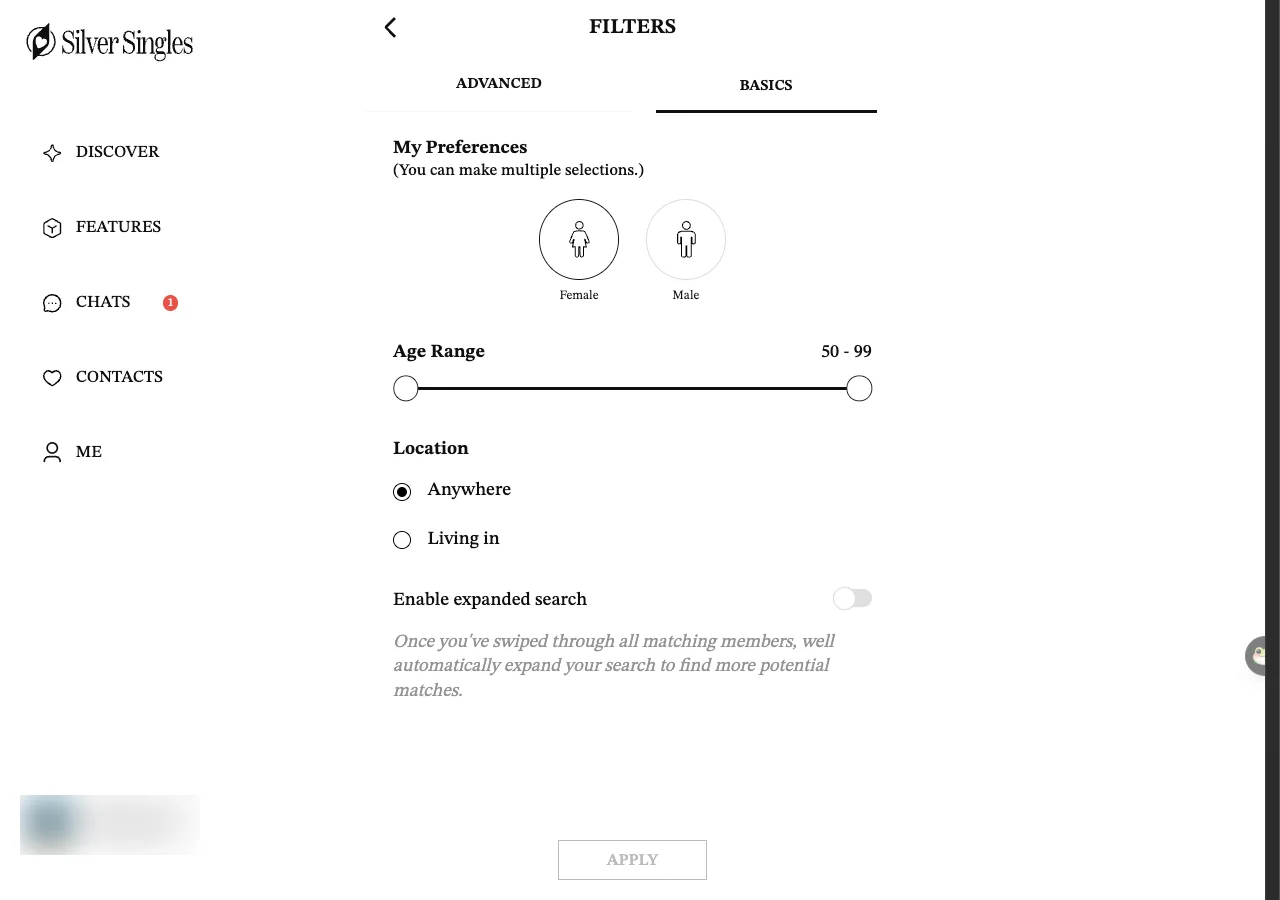 The Filters panel on the SilverSingles member site, Basics tab. It shows My Preferences with Female and Male options, an Age Range slider set to 50 to 99, a Location choice of Anywhere or Living in, and a switch for expanded search.