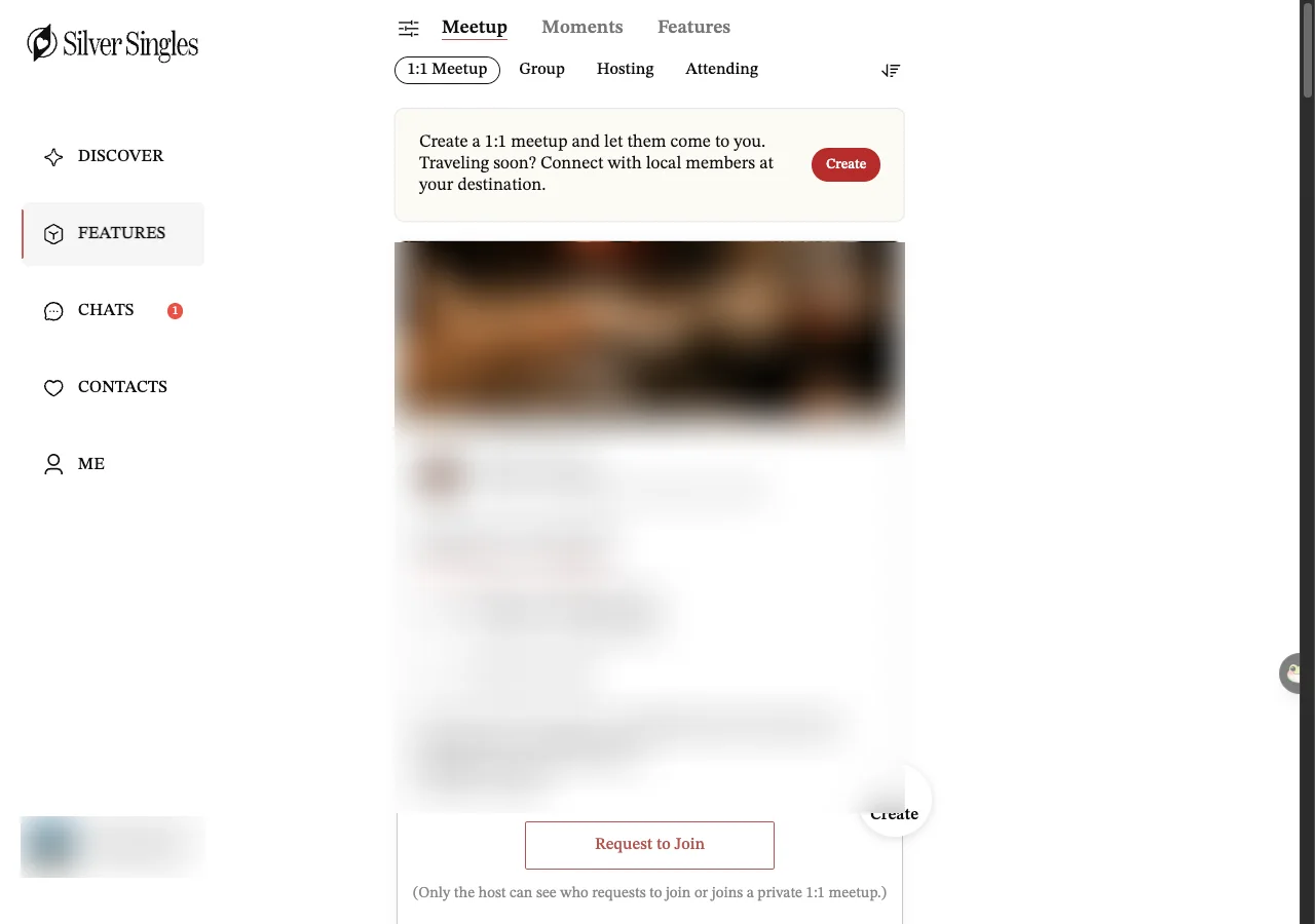 The 1:1 Meetup list on the SilverSingles member site. Each entry is a host card with a cover photo, name, age, city and a short description. Every host card in this picture has been blurred.