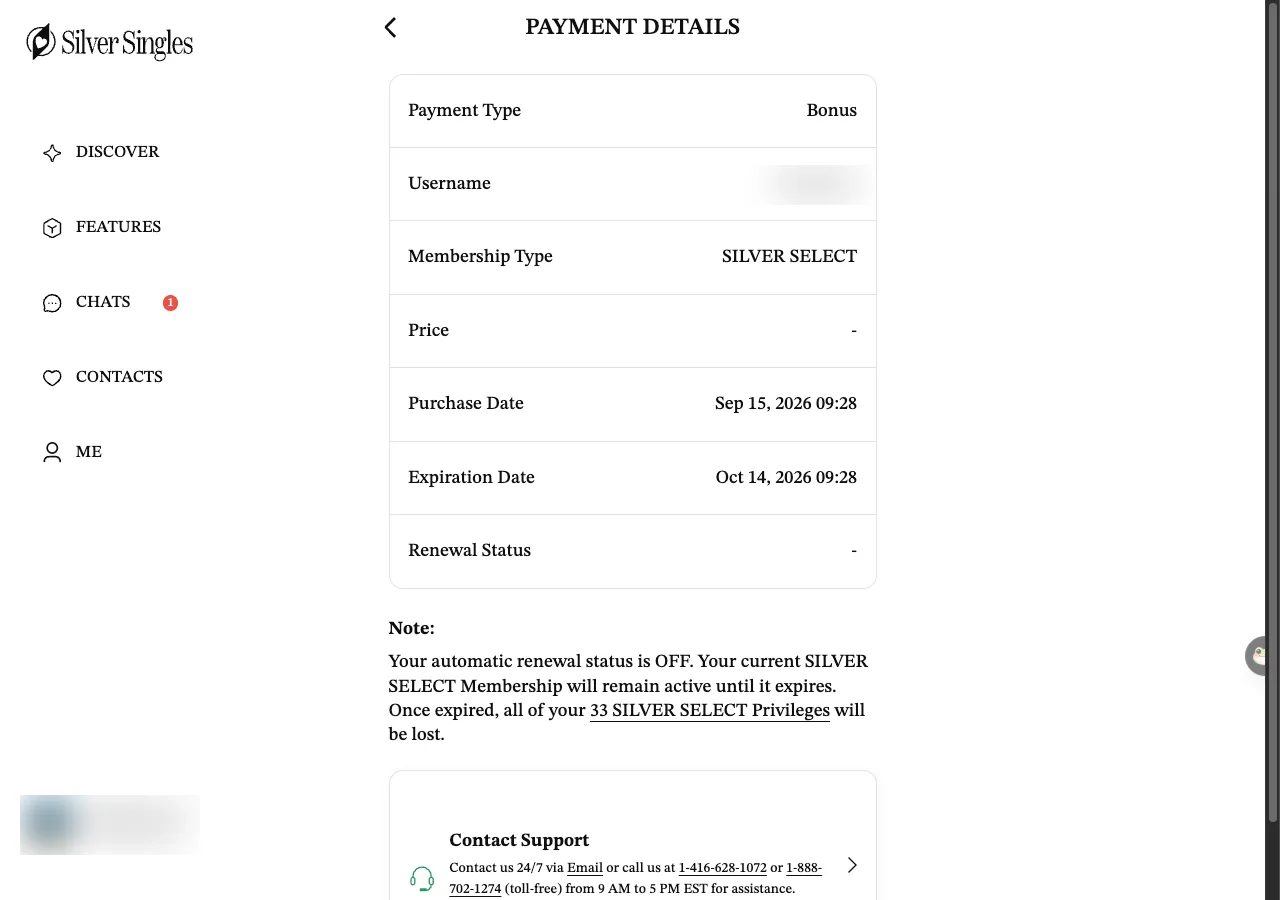 The Payment Details page on the SilverSingles member site, listing Payment Type, Username, Membership Type, Price, Purchase Date, Expiration Date and Renewal Status, with a note that automatic renewal is off and a Contact Support box giving the email and two North American phone numbers.