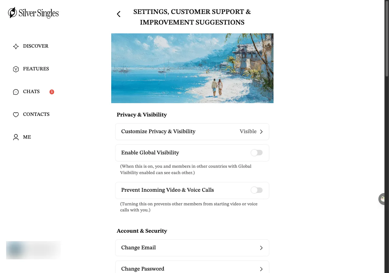 The top of the Settings page on the SilverSingles member site: Privacy & Visibility with Customize Privacy & Visibility, Enable Global Visibility and Prevent Incoming Video & Voice Calls, then Account & Security with Change Email and Change Password.