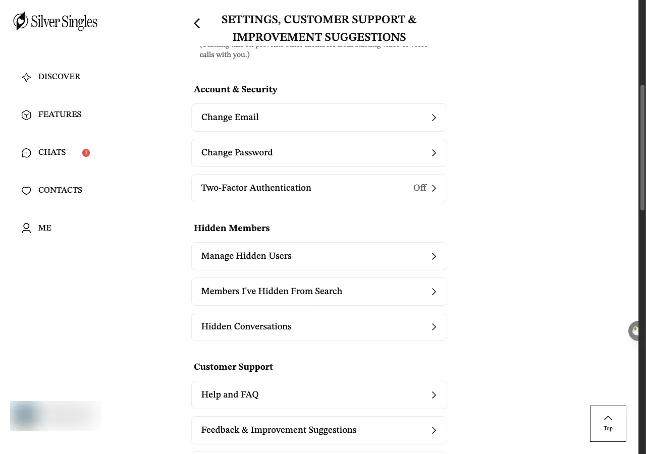 The Account & Security section of the SilverSingles settings page, showing Change Email, Change Password and Two-Factor Authentication marked Off.