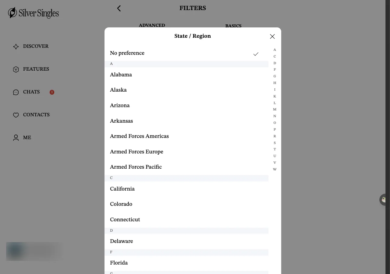 The State / Region list inside Gallery Filters on the SilverSingles web version. No preference is ticked at the top, then an alphabetical list beginning Alabama, Alaska, Arizona, Arkansas, Armed Forces Americas, Armed Forces Europe, Armed Forces Pacific, California, Colorado, Connecticut, Delaware and Florida, with a letter index on the right.