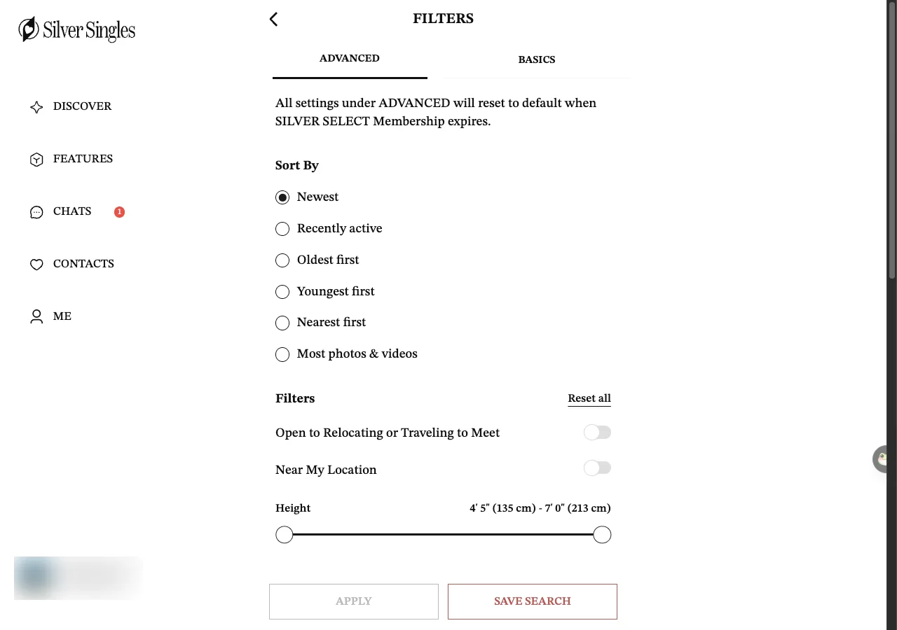 The Advanced tab of Gallery Filters on the SilverSingles web version. A note that all settings under Advanced reset to default when Silver Select membership expires. Sort By with six options, Newest selected: Newest, Recently active, Oldest first, Youngest first, Nearest first, Most photos and videos. Under Filters, a Reset all link, two switches both off, one for members open to relocating or travelling to meet and one called Near My Location, then a Height slider.