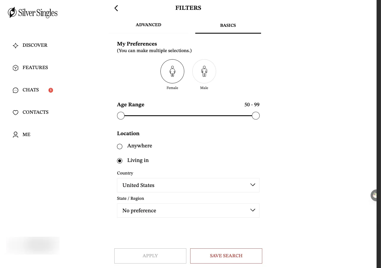 The Basics tab of Gallery Filters on the SilverSingles web version. My Preferences with Female and Male buttons, an Age Range slider reading 50 to 99, then Location with two radio buttons, Anywhere and Living in. Living in is selected. Below are two drop-down lists, Country set to United States and State / Region set to No preference, then Apply and Save Search buttons.