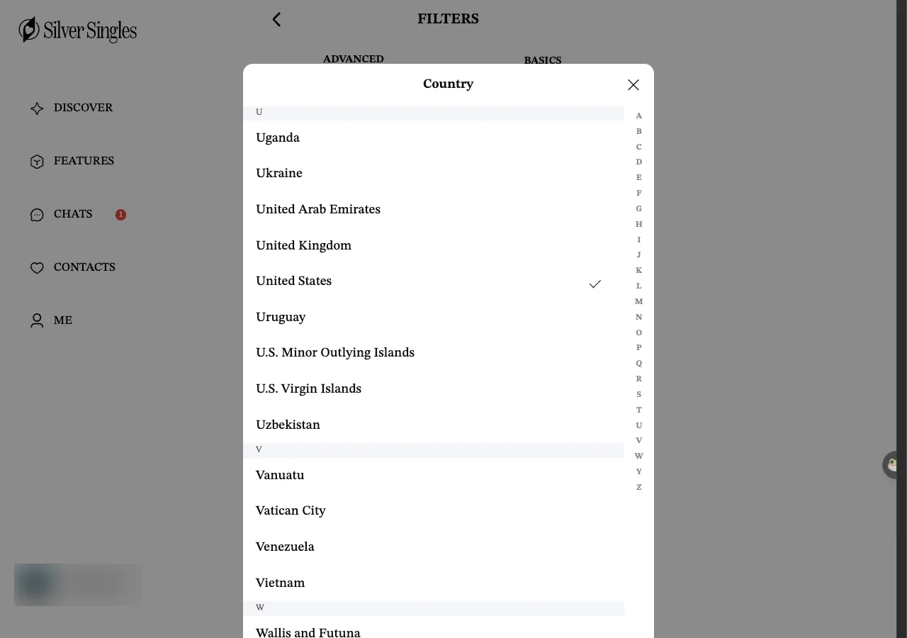 The Country list inside Gallery Filters, scrolled to U. Uganda, Ukraine, United Arab Emirates, United Kingdom, United States with a tick beside it, Uruguay, U.S. Minor Outlying Islands, U.S. Virgin Islands and Uzbekistan, then the V entries. A letter index runs down the right-hand edge.