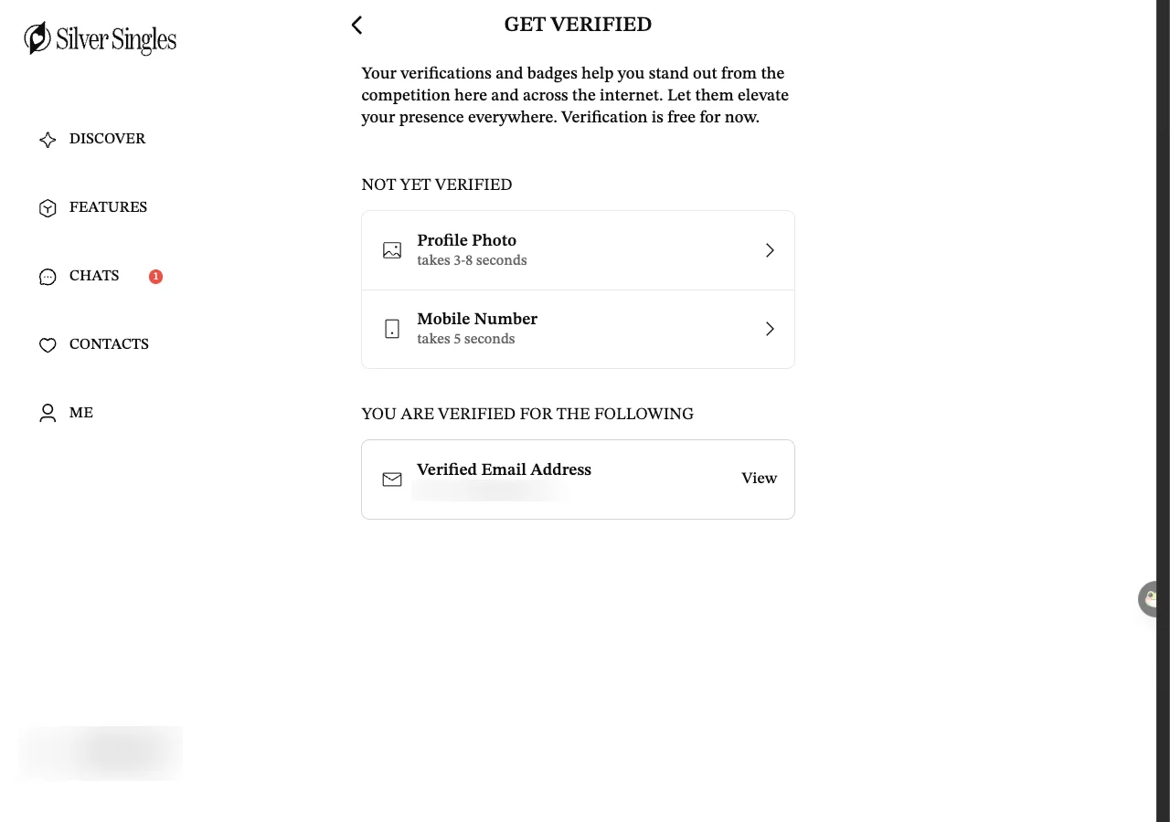 The Get Verified page on the SilverSingles member site: Profile Photo takes 3-8 seconds, Mobile Number takes 5 seconds, and a verified email address is listed below.